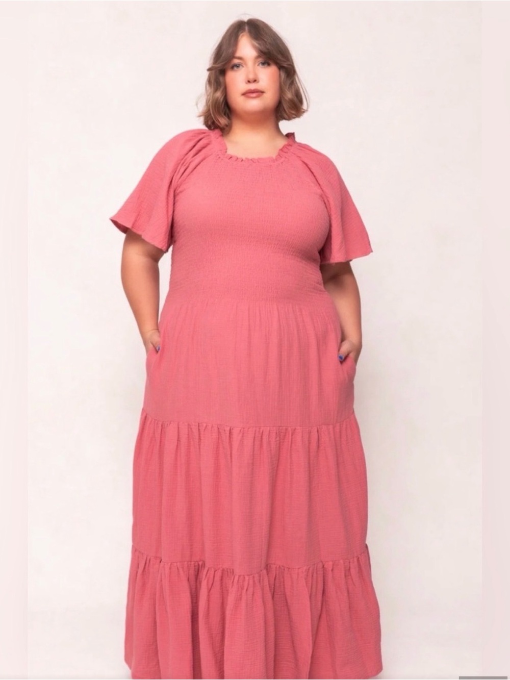 Ivy City Co Coral Pink Smocked Tiered Maxi Dress